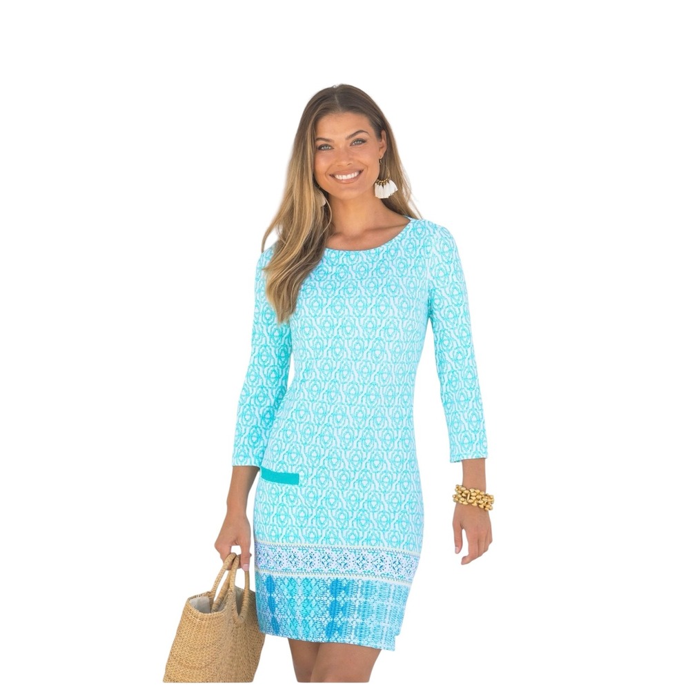 Cabana Life Coastal Cottage Shift Dress Turquoise Geometric UPF 50+ New XL